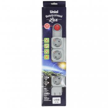 S-GSL5-3U GREY  Cетевой фильтр серии Lux. 3м Пвс 3x0.75. 4 гнезда. с-з. 1USB1A. 10А. Защита от перенапряжения. короткого замыкания. TM Uniel.