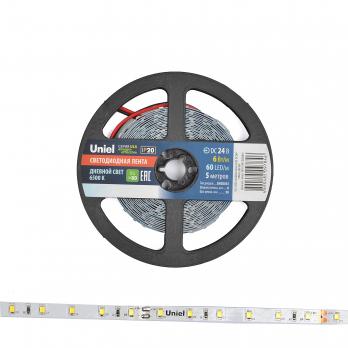 ULS-2835-60LED-m-8mm-IP20-DC24V-6W-m-5M-DW Гибкая светодиодная лента на самоклеящейся основе. Катушка 5 м. в герметичной упаковке. Дневной белый свет 6500K. ТМ Uniel.