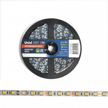 ULS-M25-5050-60LED-m-10mm-IP20-DC12V-14.4W-m-5M-4000K PROFI Гибкая светодиодная лента на самоклеящейся основе. Катушка 5м. в герметичной упаковке. Белый свет4000К. ТМ Uniel.