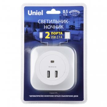 DTL-321 White-Sensor-2USB Светильник ночник с фотосенсором день-ночь. 2USB. Белый. ТМ Uniel