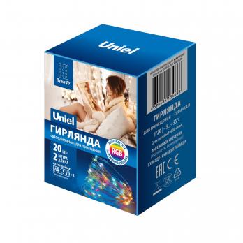 ULD-S0200-020-DTB-3AA-RC RGB IP20 DEW Гирлянда светодиодная Роса на батарейках 3AA не в-к. 2м. 20 светодиодов. RGB свет. Пульт ДУ в-к. Провод прозрачный. TM Uniel