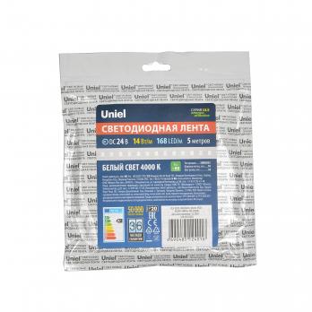 ULS-2835-168LED-m-10mm-IP20-DC24V-14W-m-5M-4000K Гибкая светодиодная лента на самоклеящейся основе. Катушка 5 м. в герметичной упаковке. Белый свет 4000K. ТМ Uniel.