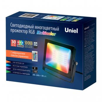 ULF-F60-30W-RGB IP65 200-240В BLACK Прожектор светодиодный. Мультиколор. Пульт ДУ в-к. Корпус черный. TM Uniel