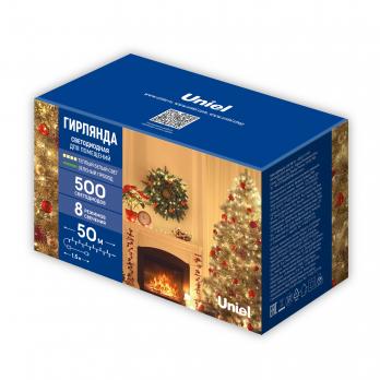 ULD-S5000-500-DGA WARM WHITE IP20 Гирлянда светодиодная. 50м. 500 светодиодов. Теплый белый свет. Провод зеленый. ТМ Uniel