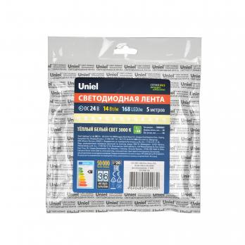 ULS-2835-168LED-m-10mm-IP20-DC24V-14W-m-5M-3000K Гибкая светодиодная лента на самоклеящейся основе. Катушка 5 м. в герметичной упаковке. Белый свет 3000K. ТМ Uniel.