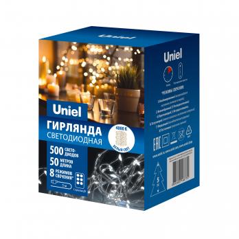 ULD-S5000-500-DTA-RC WHITE IP44 DEW Гирлянда светодиодная Роса. 50м. 500 светодиодов. Белый свет. Пульт ДУ в-к. Провод прозрачный. ТМ Uniel
