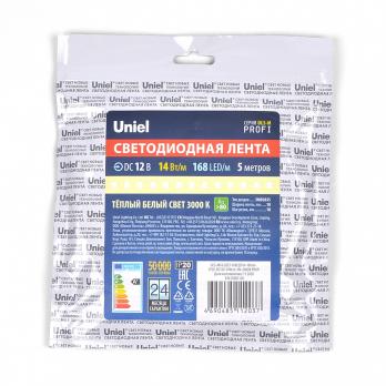 ULS-M14-2835-168LED-m-10mm-IP20-DC12V-14W-m-5M-3000K PROFI Гибкая светодиодная лента на самоклеящейся основе. Катушка 5м. в герметичной упаковке. Теплый белый свет3000К. ТМ Uniel.